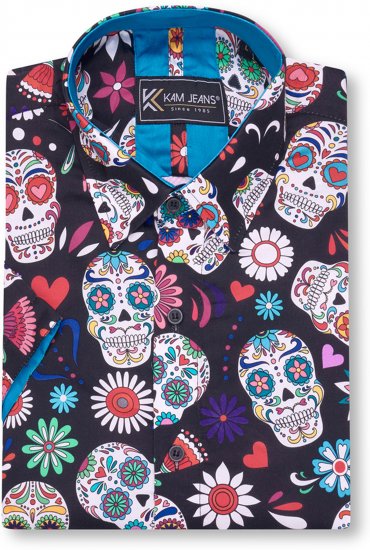 Kam Jeans 6069 Skull Print Short Sleeve Black - Ризи - мъжки ризи големи размери
