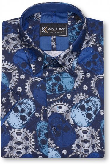 Kam Jeans 6070 Retro Skull Short Sleeve Shirt Navy - Ризи - мъжки ризи големи размери