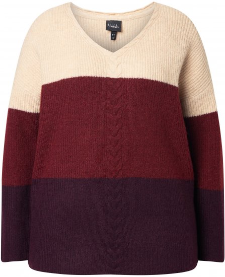 Ulla Popken Cable Knit Block Stripe V-Neck Sweater Dark Ruby - Суичъри & cуичъри с качулка - 