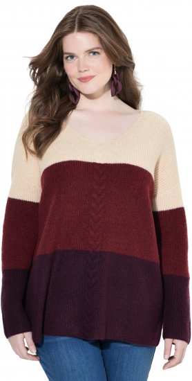 Ulla Popken Cable Knit Block Stripe V-Neck Sweater Dark Ruby - Суичъри & cуичъри с качулка - 