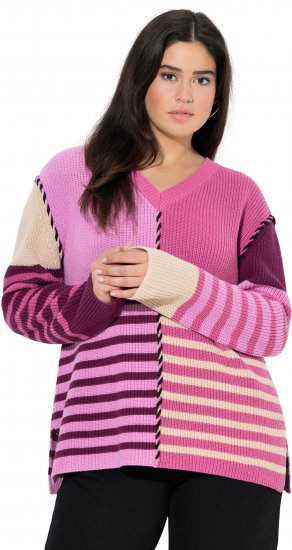 Ulla Popken Patchwork Striped Long Sleeve V-Neck Sweater Raspberry - Суичъри & cуичъри с качулка - 