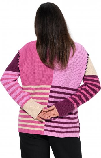 Ulla Popken Patchwork Striped Long Sleeve V-Neck Sweater Raspberry - Суичъри & cуичъри с качулка - 