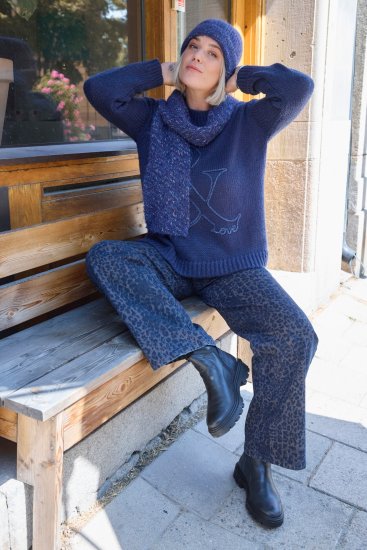 Ulla Popken Textured Glitter Embroidery Oversized Sweater Ink Blue - Суичъри & cуичъри с качулка - 