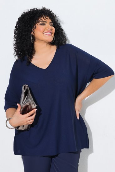 Ulla Popken Oversized 3/4 Sleeve V-Neck Sweater Navy - Суичъри & cуичъри с качулка - Уютни суитшърти, суичъри и плетива