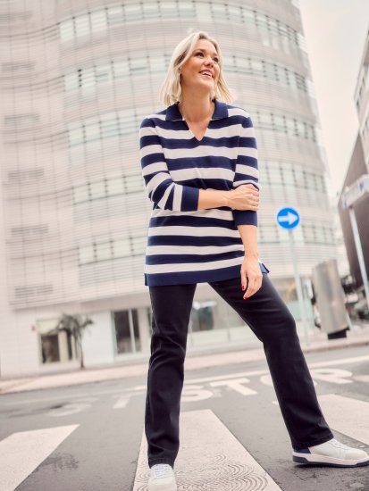 Ulla Popken Striped Polo Collar Long Sleeve Sweater Navy - Суичъри & cуичъри с качулка - 