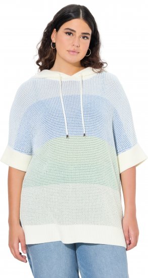 Ulla Popken Block Stripe Hooded Short Sleeve Sweater Mint Green - Суичъри & cуичъри с качулка - 