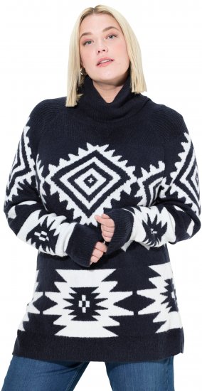 Ulla Popken Aztec-Inspired Long Sleeve Turtleneck Sweater Navy - Суичъри & cуичъри с качулка - 