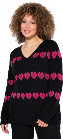 Ulla Popken Heart Print Long Sleeve V-Neck Sweater Black - Суичъри & cуичъри с качулка - 