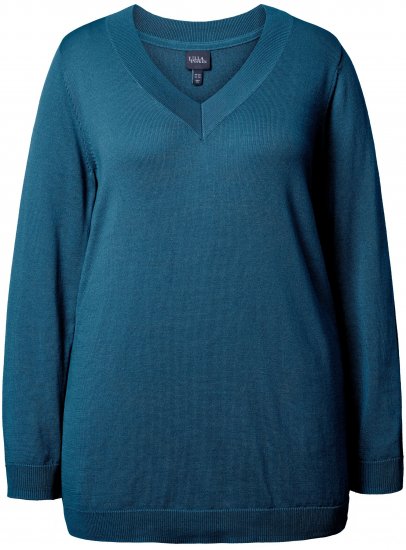 Ulla Popken Soft Fine Knit Pullover V-Neck Sweatshirt Teal - Суичъри & cуичъри с качулка - 