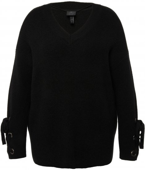Ulla Popken Lace-Up Cuff Long Sleeve V-Neck Sweater Black - Суичъри & cуичъри с качулка - 