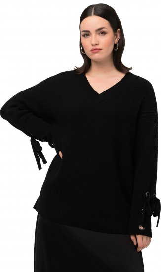 Ulla Popken Lace-Up Cuff Long Sleeve V-Neck Sweater Black - Суичъри & cуичъри с качулка - 