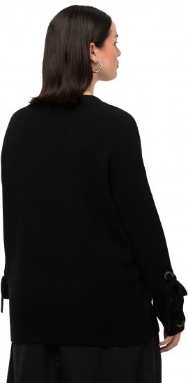 Ulla Popken Lace-Up Cuff Long Sleeve V-Neck Sweater Black - Суичъри & cуичъри с качулка - 