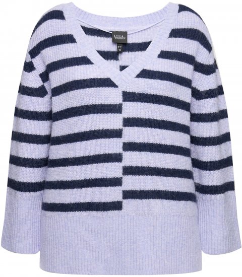 Ulla Popken Split Stripe Long Sleeve V-Neck Sweater Blue Grey - Суичъри & cуичъри с качулка - 