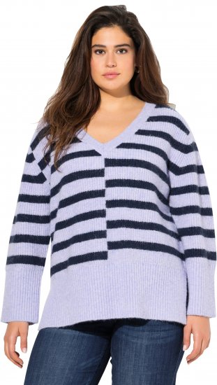 Ulla Popken Split Stripe Long Sleeve V-Neck Sweater Blue Grey - Суичъри & cуичъри с качулка - 