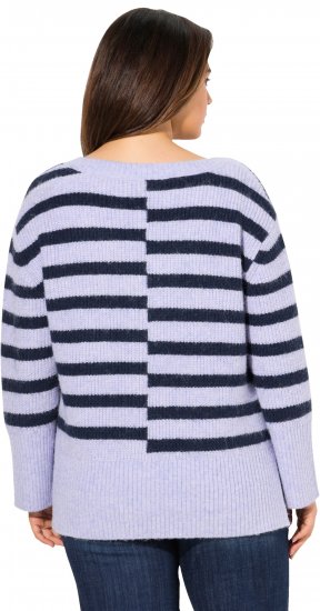 Ulla Popken Split Stripe Long Sleeve V-Neck Sweater Blue Grey - Суичъри & cуичъри с качулка - 