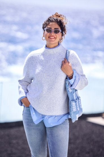 Ulla Popken Striped Wool Blend Turtleneck Sweater Sky Blue - Суичъри & cуичъри с качулка - 