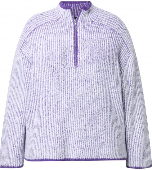 Ulla Popken Striped Knit Long Sleeve Troyer Collar Sweater Purple - Суичъри & cуичъри с качулка - 