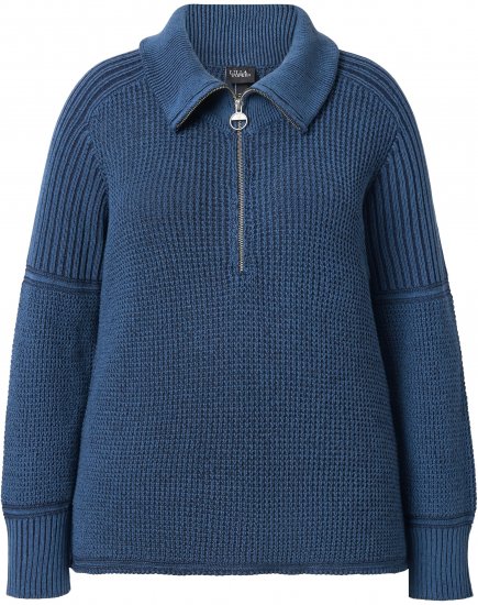 Ulla Popken Two-Tone Mixed Knit Troyer Collar Sweater Navy - Суичъри & cуичъри с качулка - 