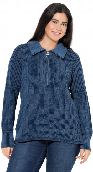 Ulla Popken Two-Tone Mixed Knit Troyer Collar Sweater Navy - Суичъри & cуичъри с качулка - 