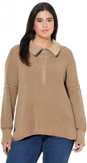 Ulla Popken Two-Tone Mixed Knit Troyer Collar Sweater Caramel - Суичъри & cуичъри с качулка - 