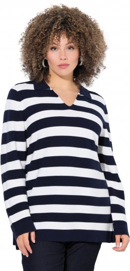 Ulla Popken Striped Polo Collar Long Sleeve Sweater Navy - Суичъри & cуичъри с качулка - 
