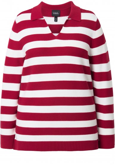 Ulla Popken Striped Polo Collar Long Sleeve Sweater Ruby Red - Суичъри & cуичъри с качулка - 