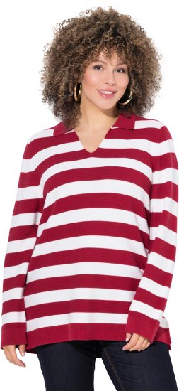 Ulla Popken Striped Polo Collar Long Sleeve Sweater Ruby Red - Суичъри & cуичъри с качулка - 