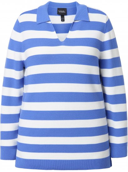 Ulla Popken Striped Polo Collar Long Sleeve Sweater Aegean Blue - Суичъри & cуичъри с качулка - 