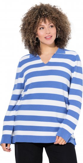 Ulla Popken Striped Polo Collar Long Sleeve Sweater Aegean Blue - Суичъри & cуичъри с качулка - 