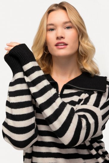Ulla Popken Striped Troyer Collar Sweater Black - Суичъри & cуичъри с качулка - Уютни суитшърти, суичъри и плетива