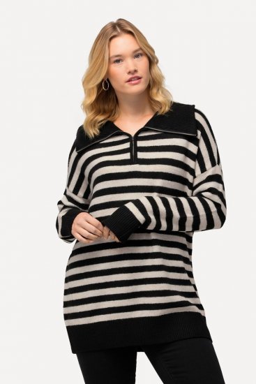 Ulla Popken Striped Troyer Collar Sweater Black - Суичъри & cуичъри с качулка - Уютни суитшърти, суичъри и плетива