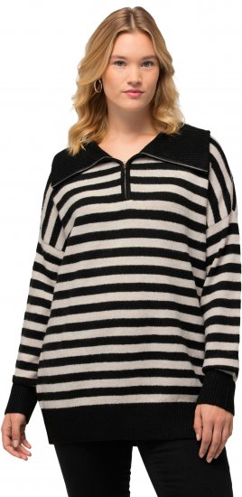 Ulla Popken Striped Troyer Collar Sweater Black - Суичъри & cуичъри с качулка - 