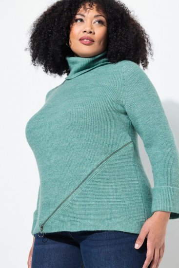Ulla Popken Asymmetric Zipper Turtleneck Sweater Green - Суичъри & cуичъри с качулка - Уютни суитшърти, суичъри и плетива