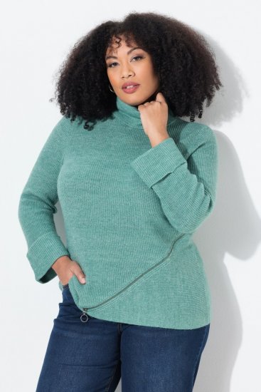 Ulla Popken Asymmetric Zipper Turtleneck Sweater Green - Суичъри & cуичъри с качулка - Уютни суитшърти, суичъри и плетива