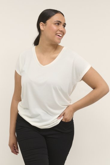 Kaffe Curve Lina V-Neck T-Shirt White - Тениски - 