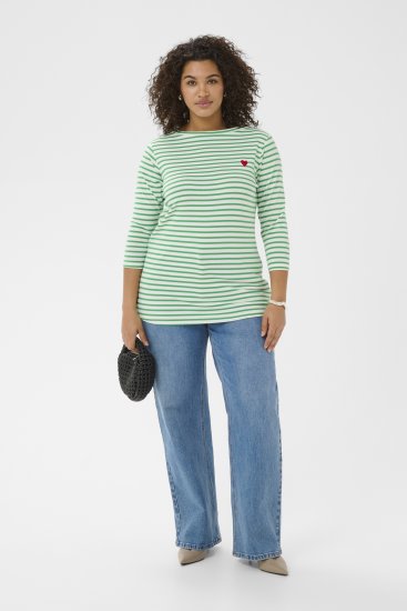 Kaffe Curve Lia Boatneck 3/4 T-Shirt Chalk/Bright Green - Тениски и топове - 