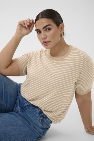 Kaffe Curve Lizzy Knit T-Shirt Feather Melange/Chalk Fine Stripe - Тениски - 