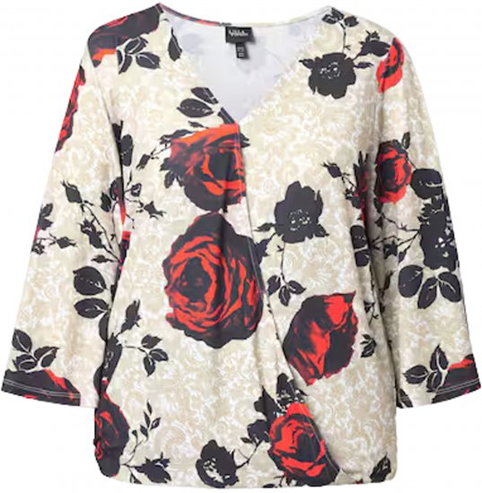 Ulla Popken Rose Print Faux Wrap Top Off-White - Тениски - 