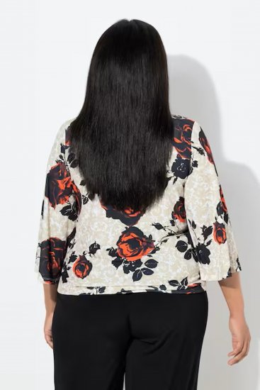 Ulla Popken Rose Print Faux Wrap Top Off-White - Тениски - 