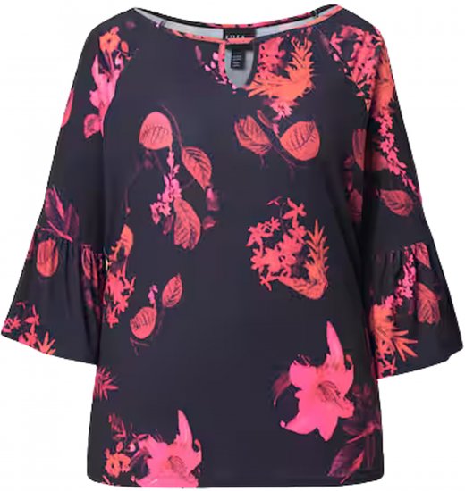 Ulla Popken Botanical Print Cold Shoulder Top Black - Тениски - 