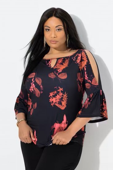 Ulla Popken Botanical Print Cold Shoulder Top Black - Тениски - 