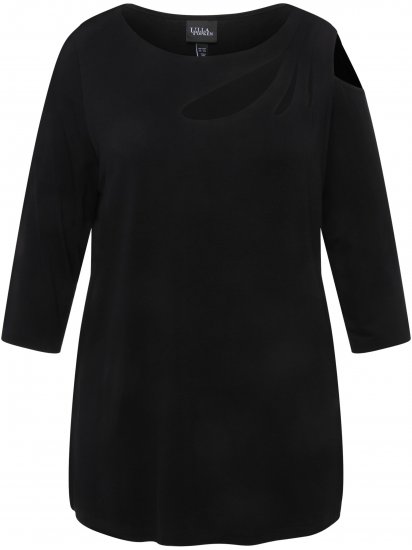 Ulla Popken Asymmetric Petal Cutouts A-line Fit Stretch Knit Top Black - Тениски - 