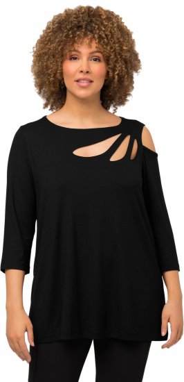 Ulla Popken Asymmetric Petal Cutouts A-line Fit Stretch Knit Top Black - Тениски - 