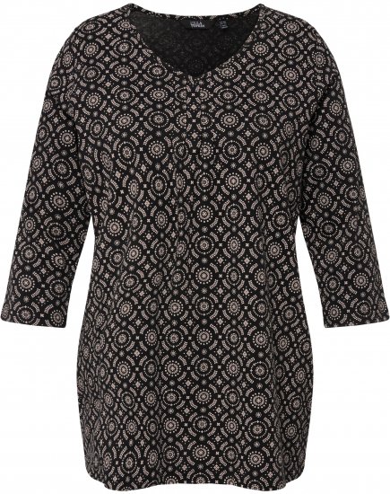 Ulla Popken 3/4 Sleeve Geometric Graphic Tee Black - Тениски - 