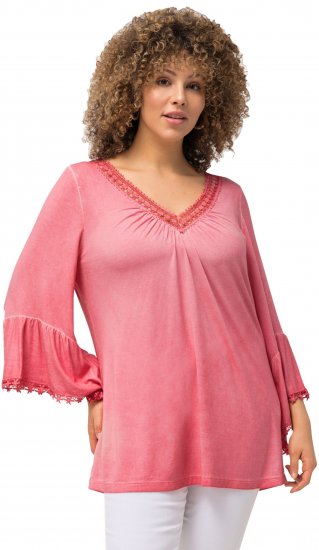 Ulla Popken Trumpet Sleeve Cold Dyed Tee Dark Pink - Печатни тениски за жени - 