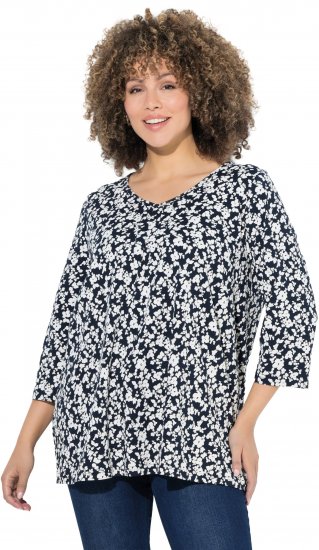 Ulla Popken Floral 3/4 Sleeve V-Neck A-Line Tee Navy - Тениски - 