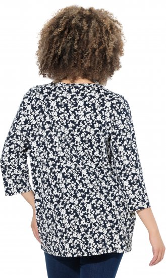 Ulla Popken Floral 3/4 Sleeve V-Neck A-Line Tee Navy - Тениски - 