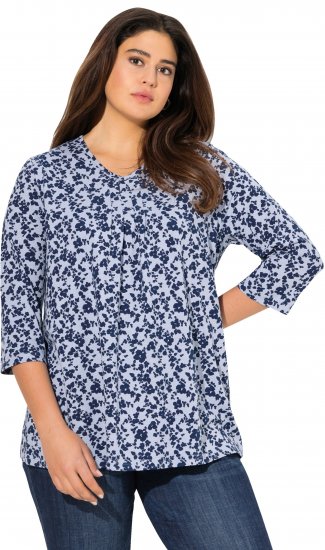 Ulla Popken Floral 3/4 Sleeve V-Neck A-Line Tee Blue - Тениски - 