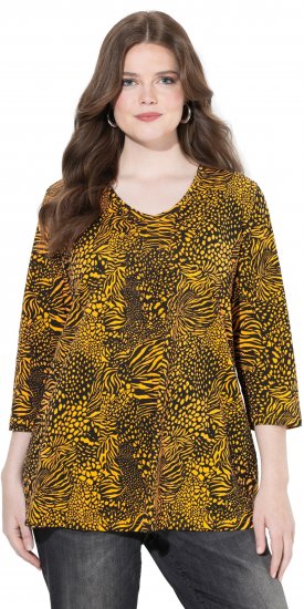 Ulla Popken Animal Print 3/4 Sleeve V-Neck Tee Neon Orange - Тениски - 