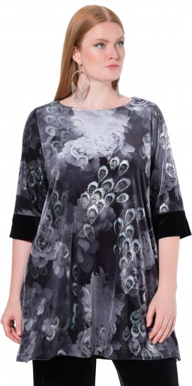 Ulla Popken Velvet Peacock Feather 3/4 Sleeve Tunic Blouse Black - Тениски - 